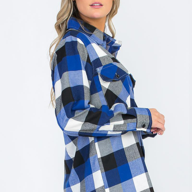 Women's Shirts Oversize Boyfriend Big Plaid Checkered Flannel Blue