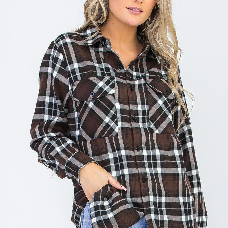 Women's Shirts Oversize Boyfriend Brown Plaid Checkered Flannel