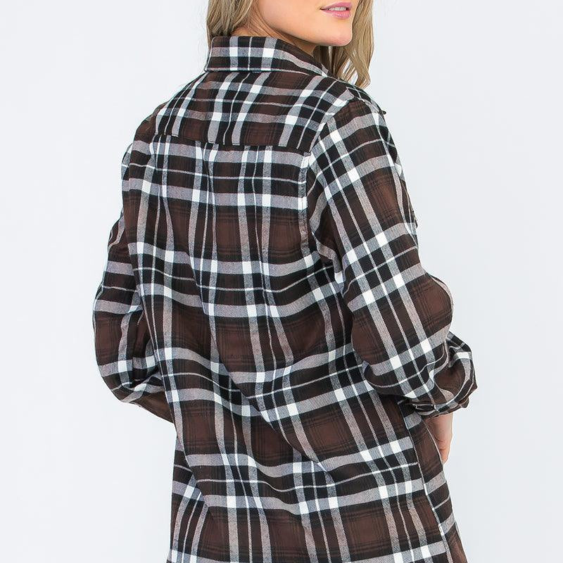 Women's Shirts Oversize Boyfriend Brown Plaid Checkered Flannel