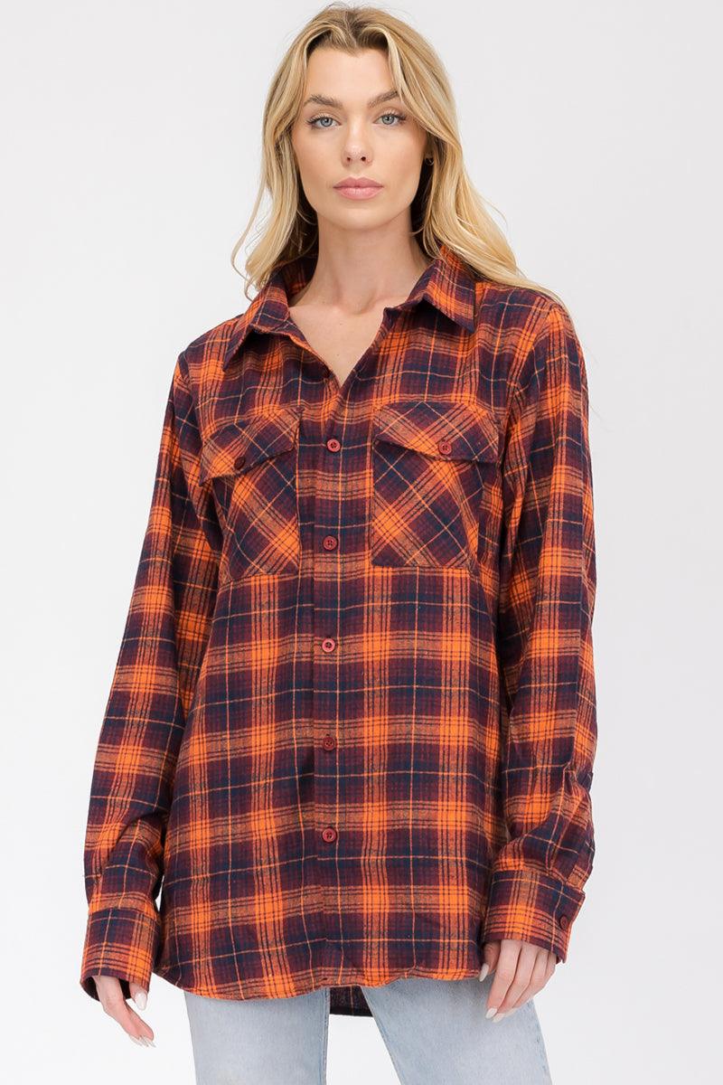Women's Shirts Oversize Boyfriend Orange Plaid Checkered Flannel