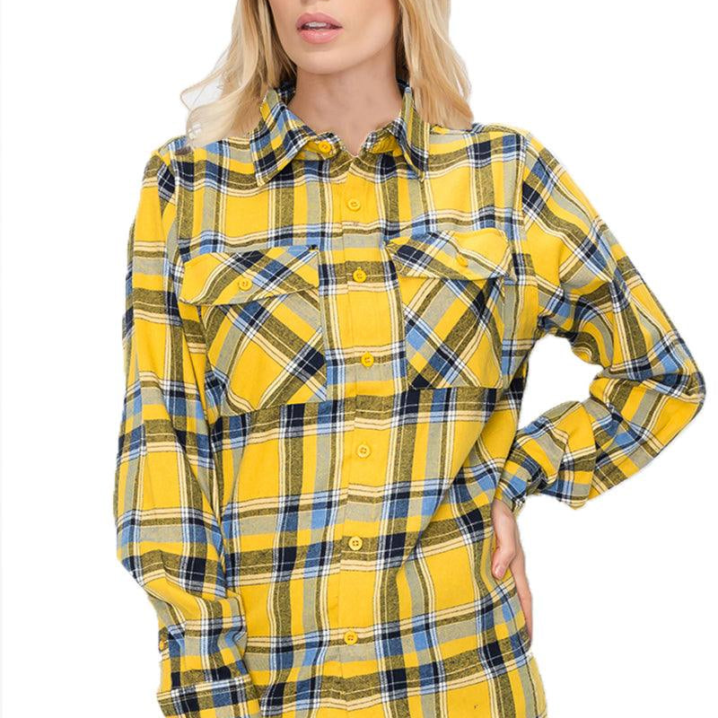 Women's Shirts Oversize Boyfriend Plaid Checkered Flannel Yellow