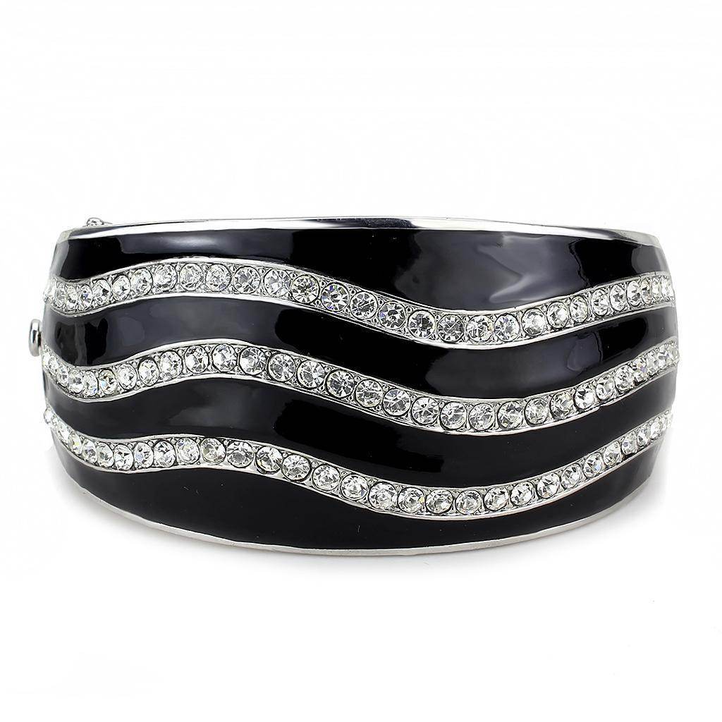 Oversized black crystal bangle with wavy silver accents for stylish women's jewelry