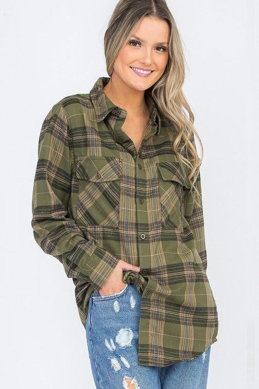Women's Shirts Oversized Checker Plaid Flannel Long Sleeves
