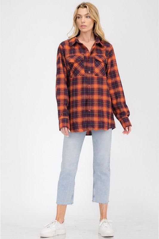 Women's Shirts Oversized Checker Plaid Flannel Long Sleeves