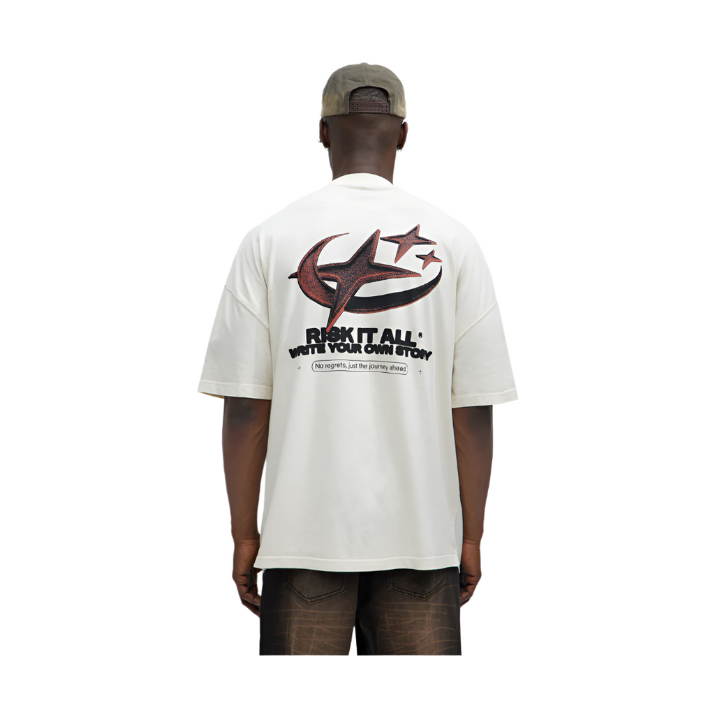 VacationGrabs oversized graphic tee for men in white with bold back print and relaxed fit