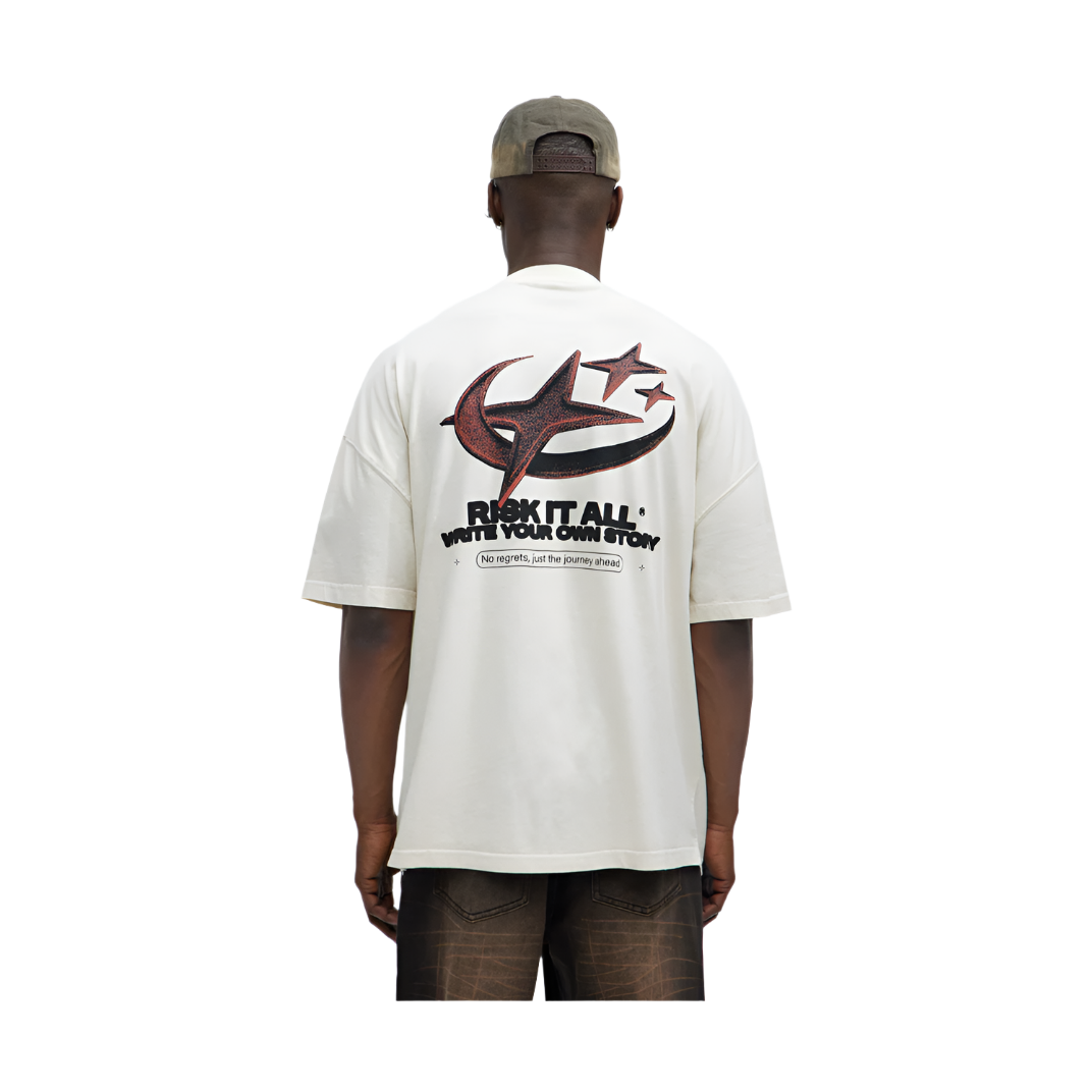 VacationGrabs oversized graphic tee for men in white with bold back print and relaxed fit