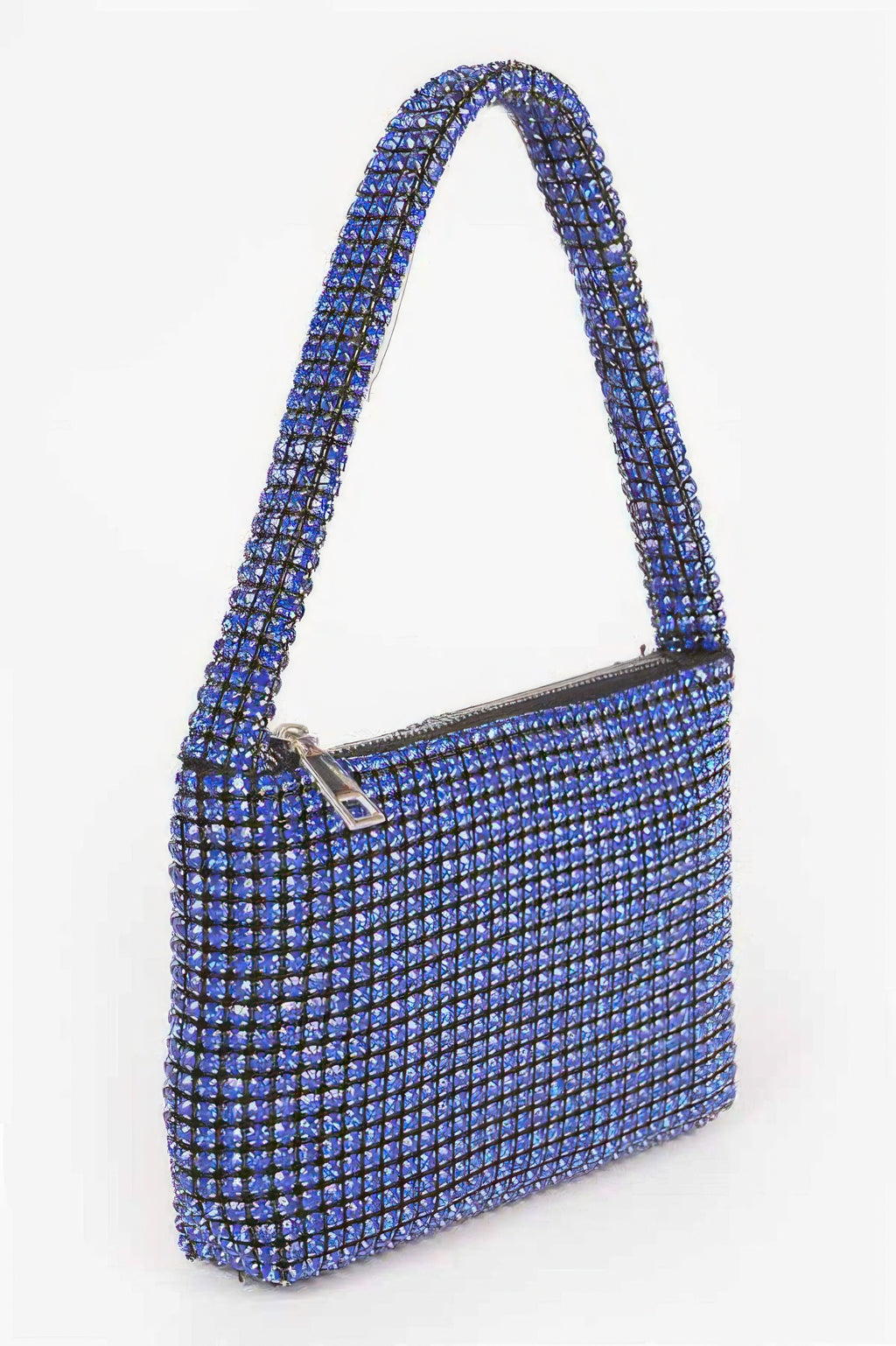 Oversized stone hobo bag in blue with sparkling embellishments and a zipper closure