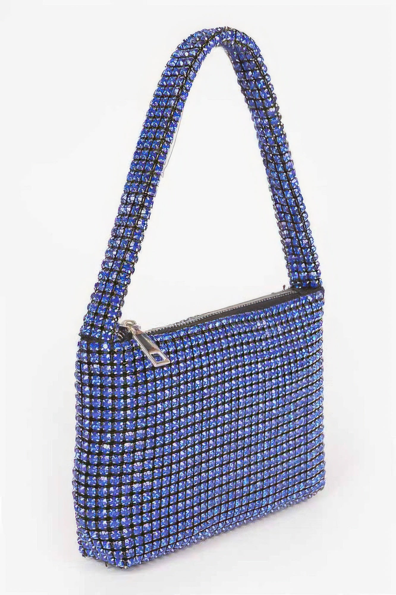 Oversized stone hobo bag in blue with sparkling embellishments and a zipper closure