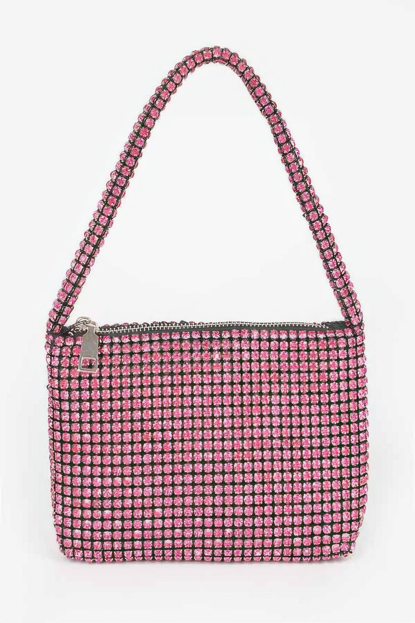 Oversized stone hobo bag in pink and black with sparkling rhinestone detailing for a chic look