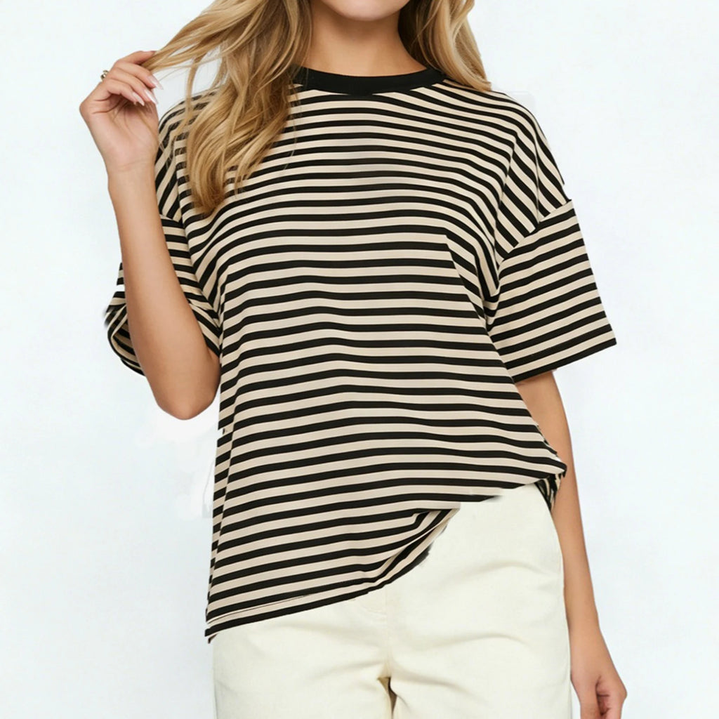 Striped oversized t-shirt in beige and black for casual wear