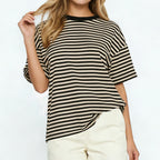Striped oversized t-shirt in beige and black for casual wear