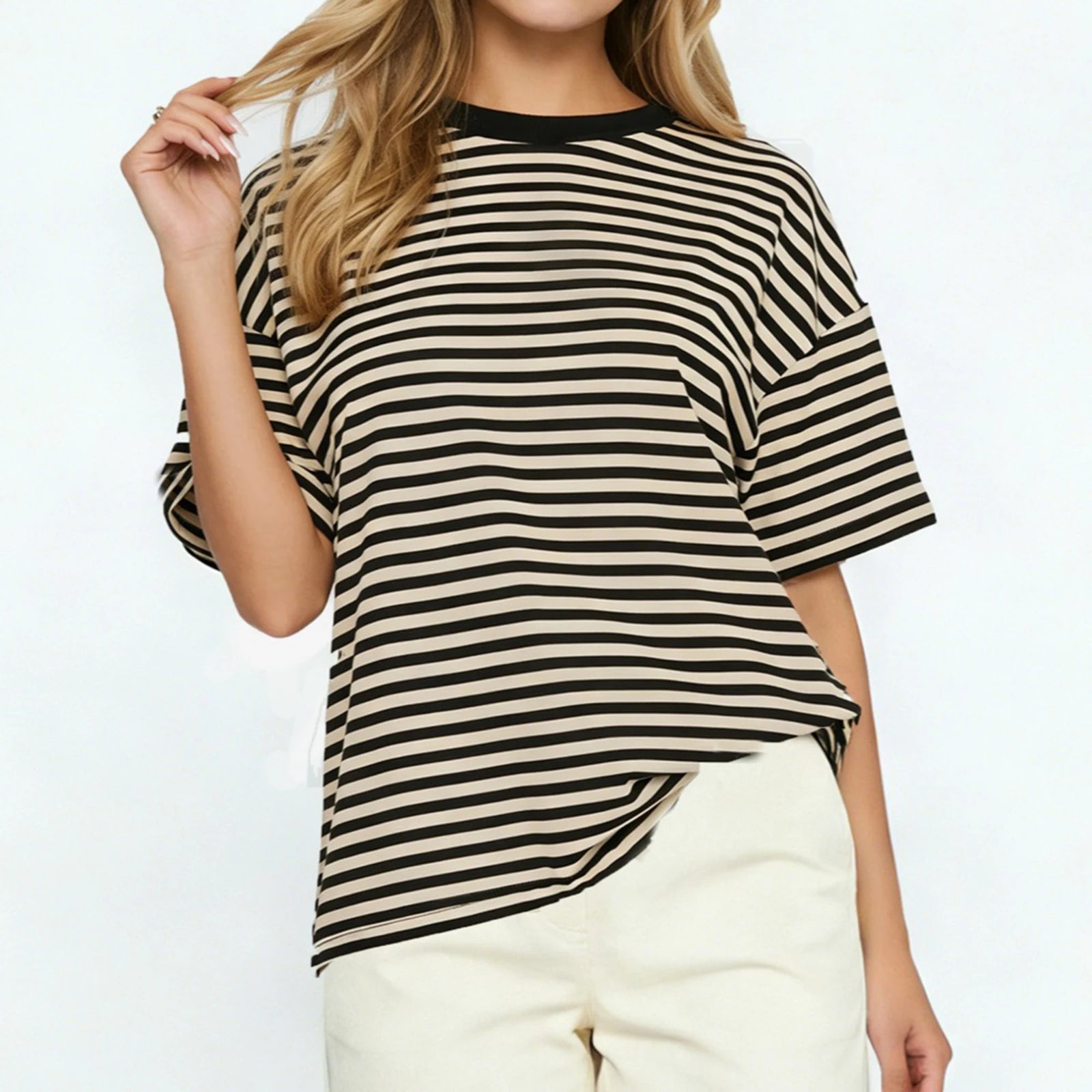 Striped oversized t-shirt in beige and black for casual wear