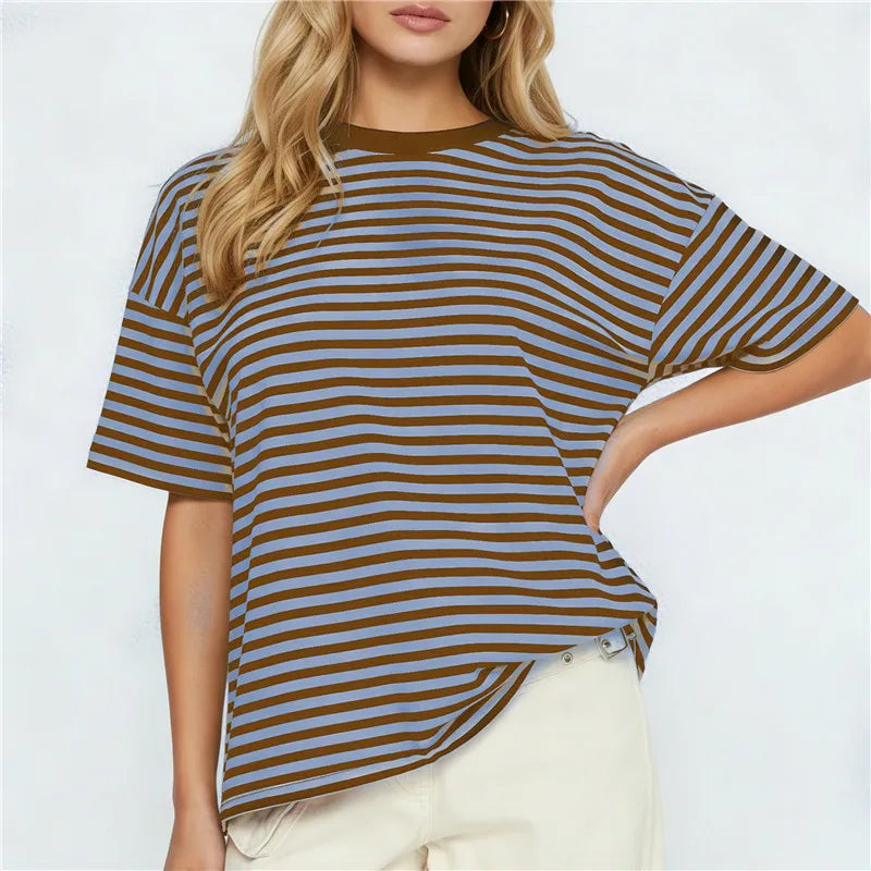 striped oversized t-shirt in blue and brown, casual wear
