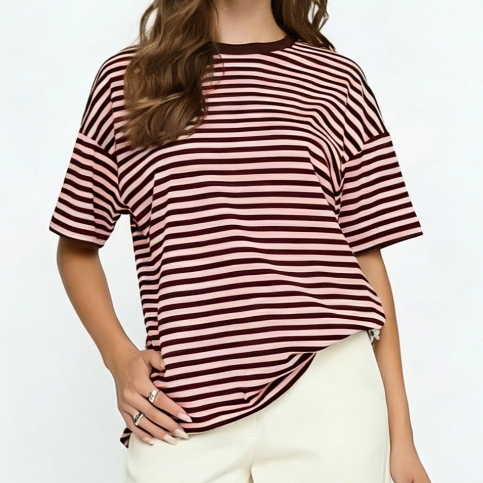 Women's oversized t-shirt in pink and maroon stripes, casual style
