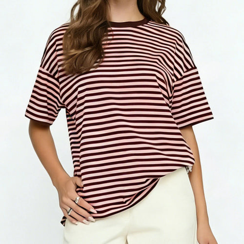 Women's oversized t-shirt in pink and maroon stripes, casual style