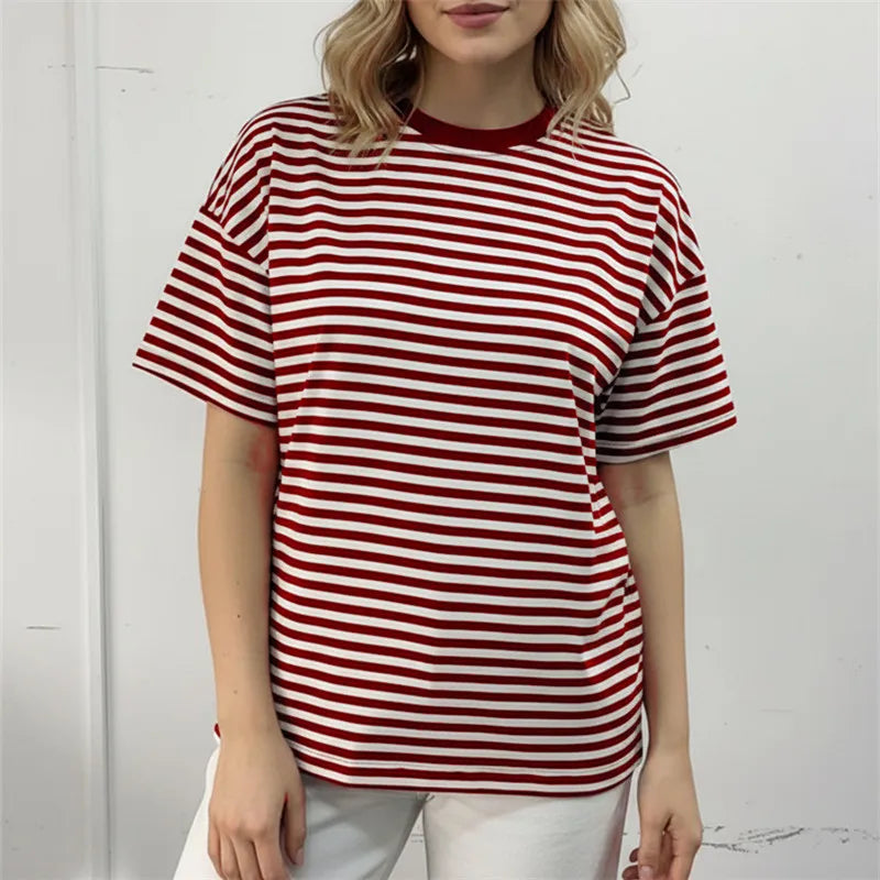 Red and white striped oversized t-shirt, comfortable casual wear