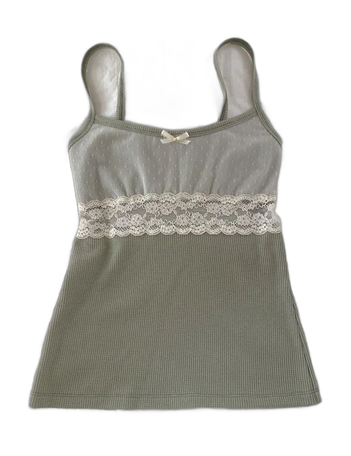 An olive green ribbed knit camisole tank top with a decorative white lace band across the bust and a small white bow at the neckline, shown against a plain white background.