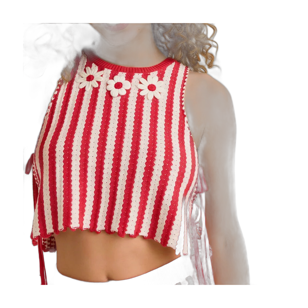 Women's Red Striped Crop Top with Floral Accents