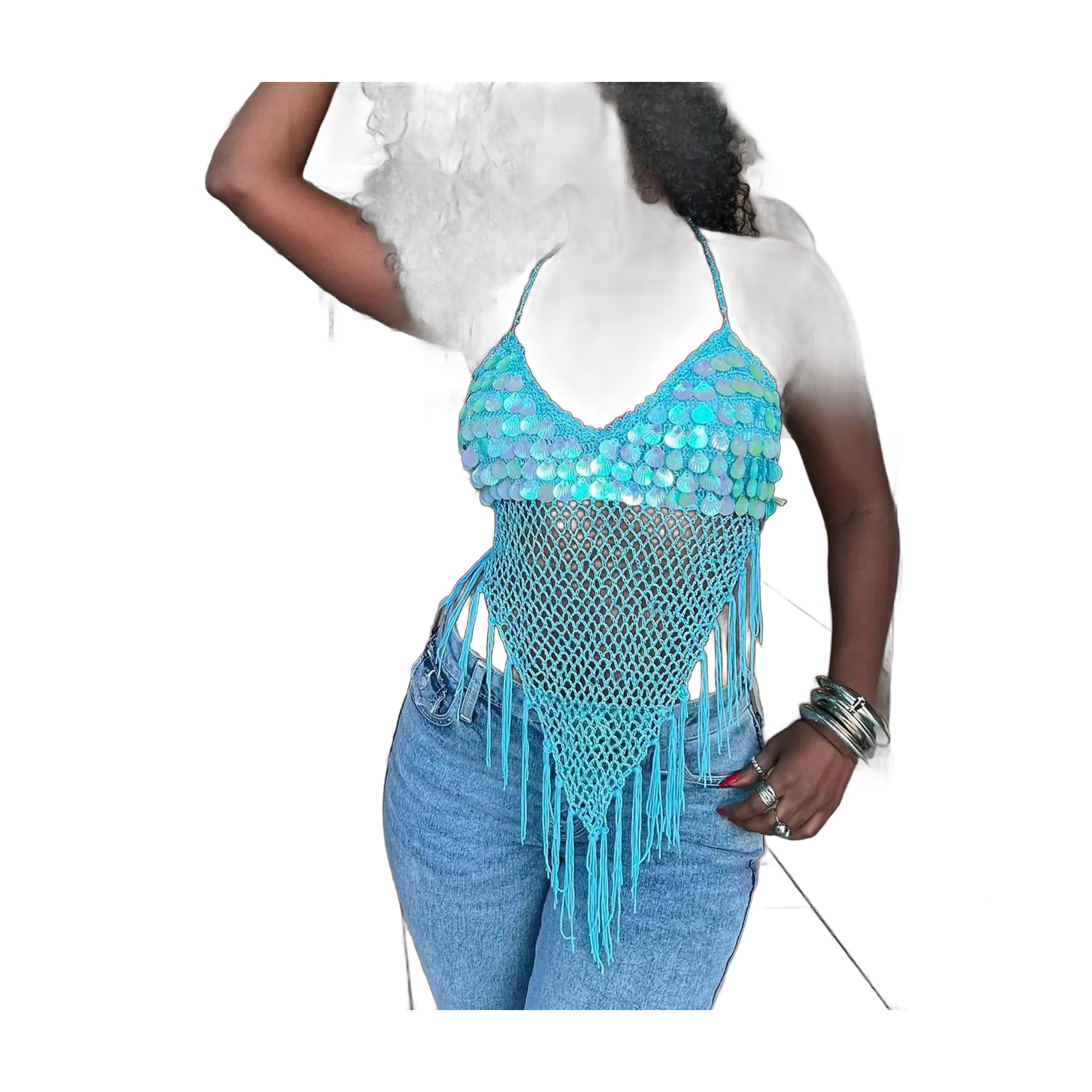 Women's Crochet Crop Top with Fringe Details