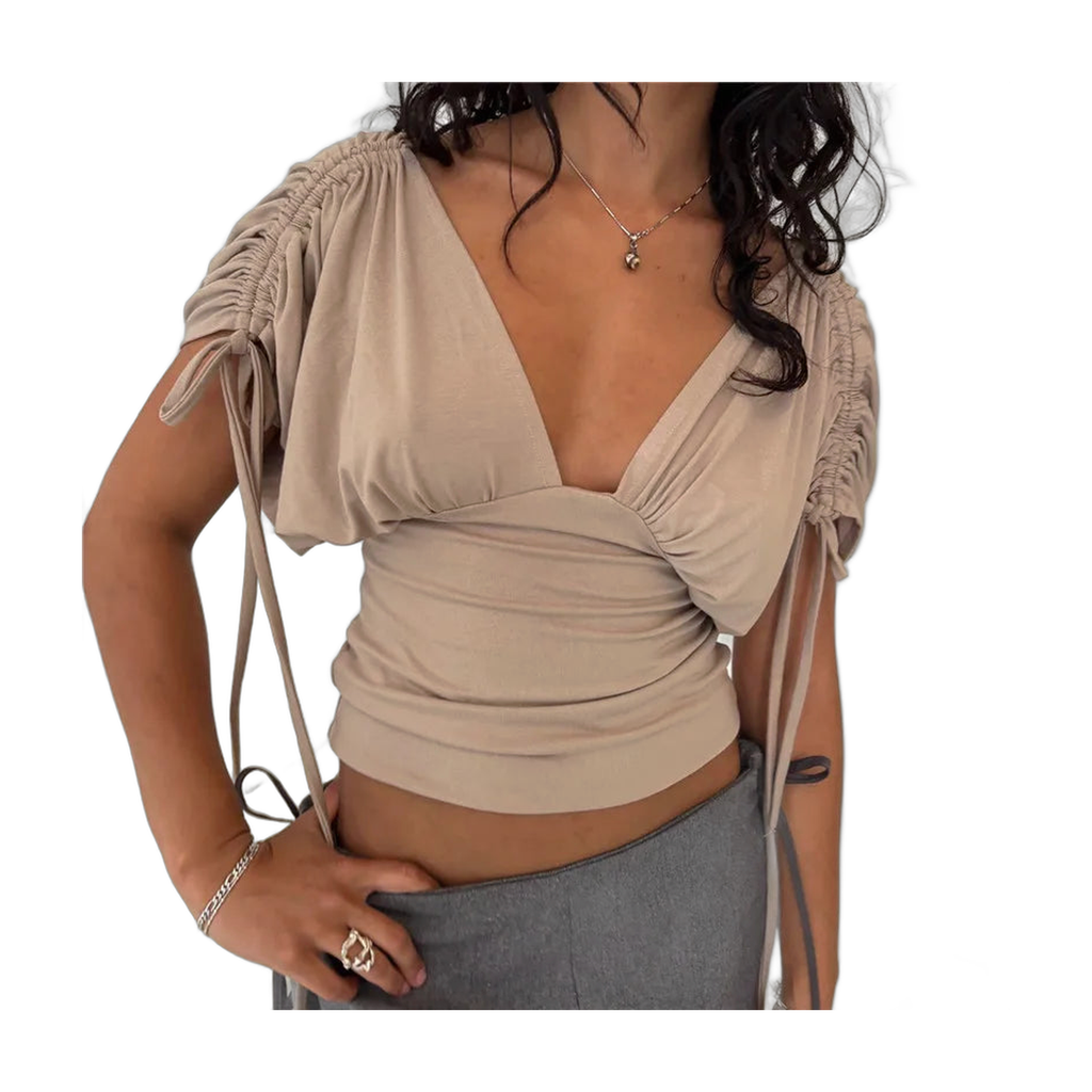 V Neck Top with Ruched Sleeves for Women