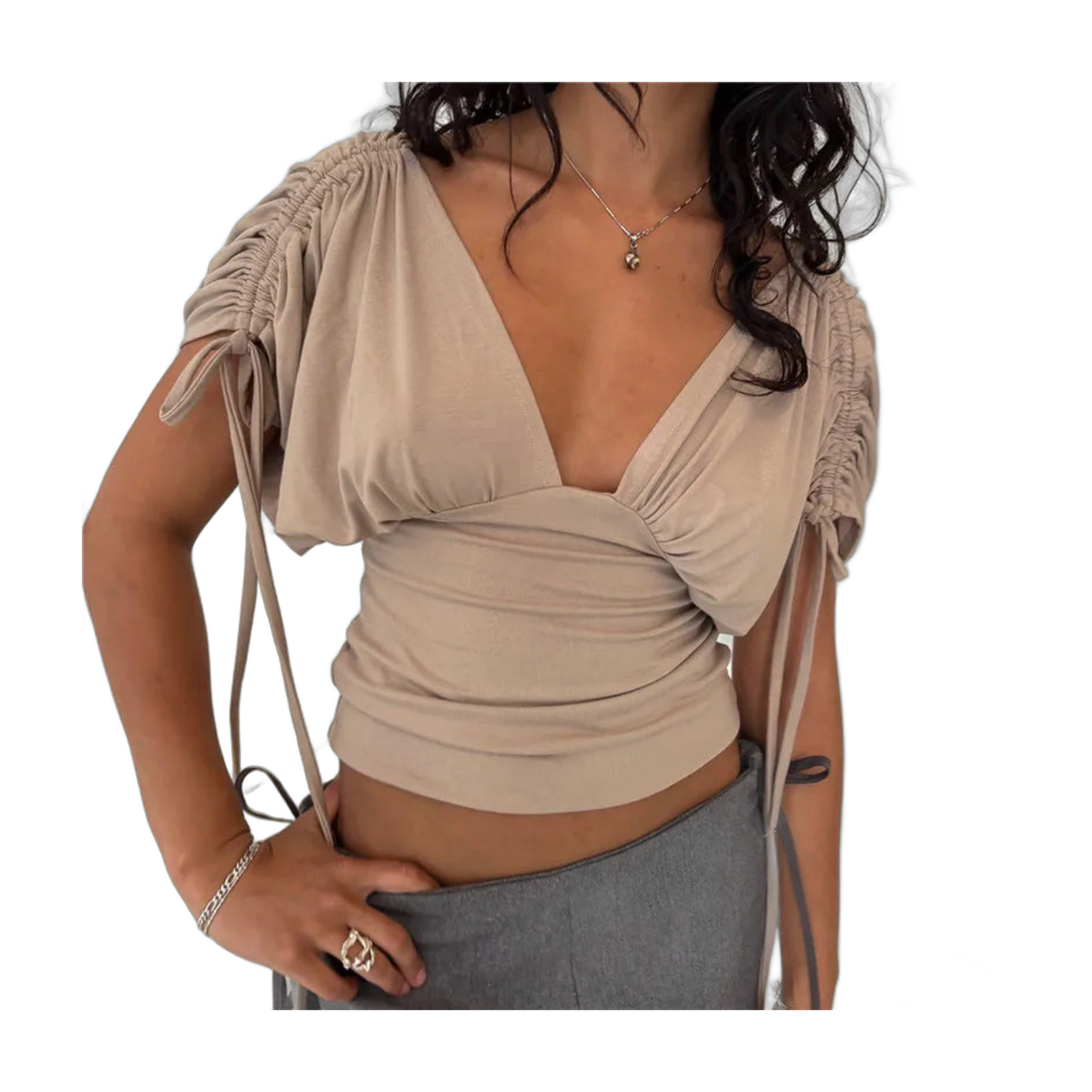 V Neck Top with Ruched Sleeves for Women