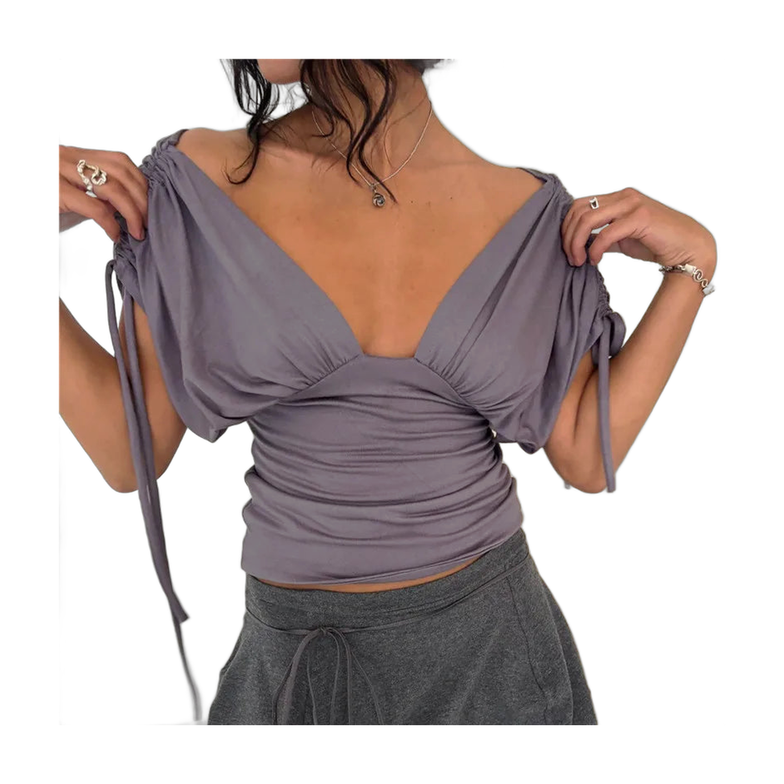 V Neck Top with Ruched Sleeves for Women