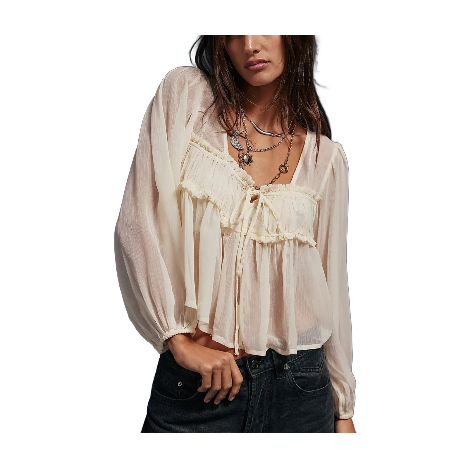 Boho Blouse for Women with Sheer Puff Sleeves