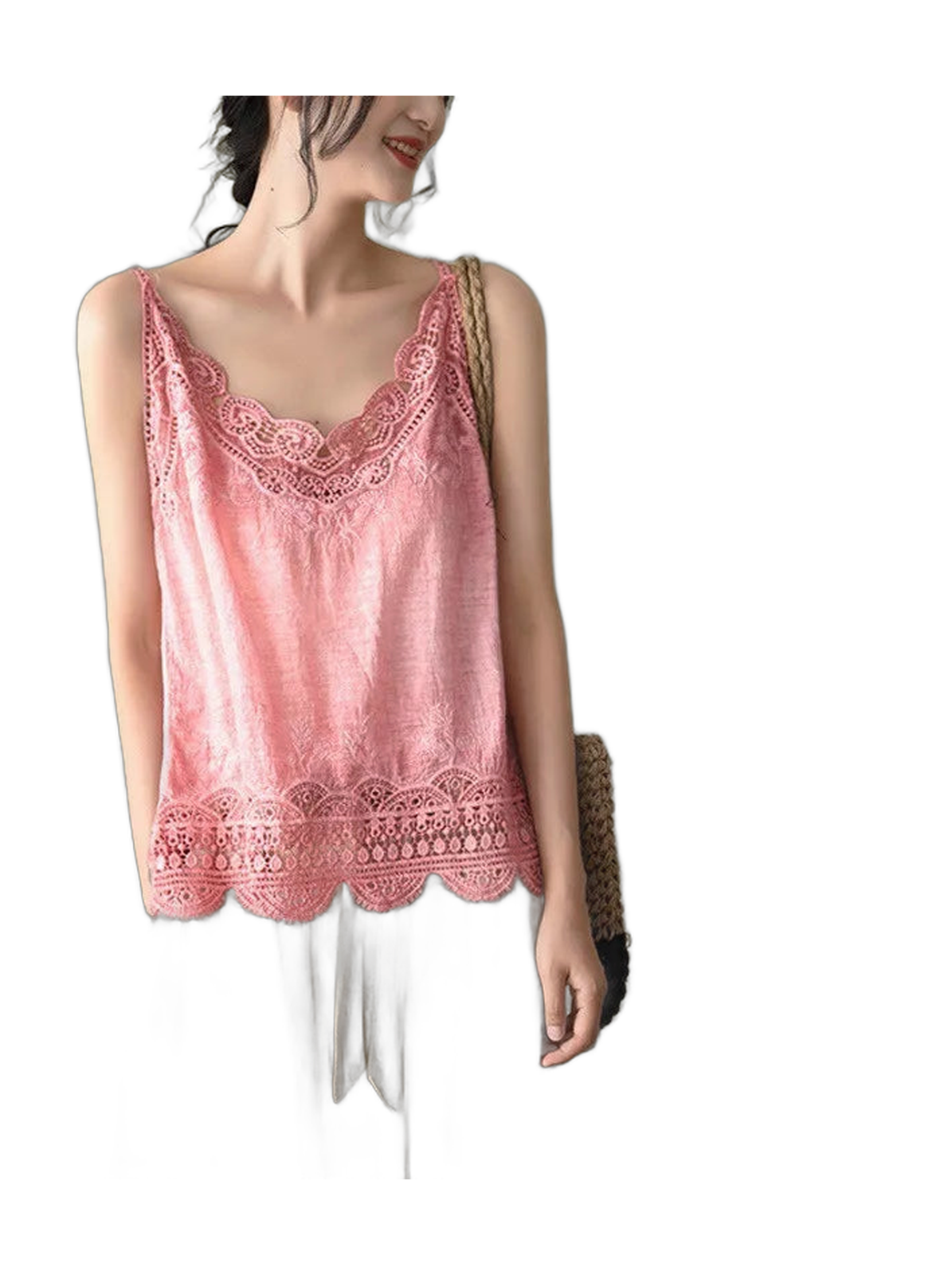 Women V Neck Camisole Loose Fit Hollowed Flower Embroidered Spaghetti Strap Cotton Linen Tops Casual Summer Streetwear