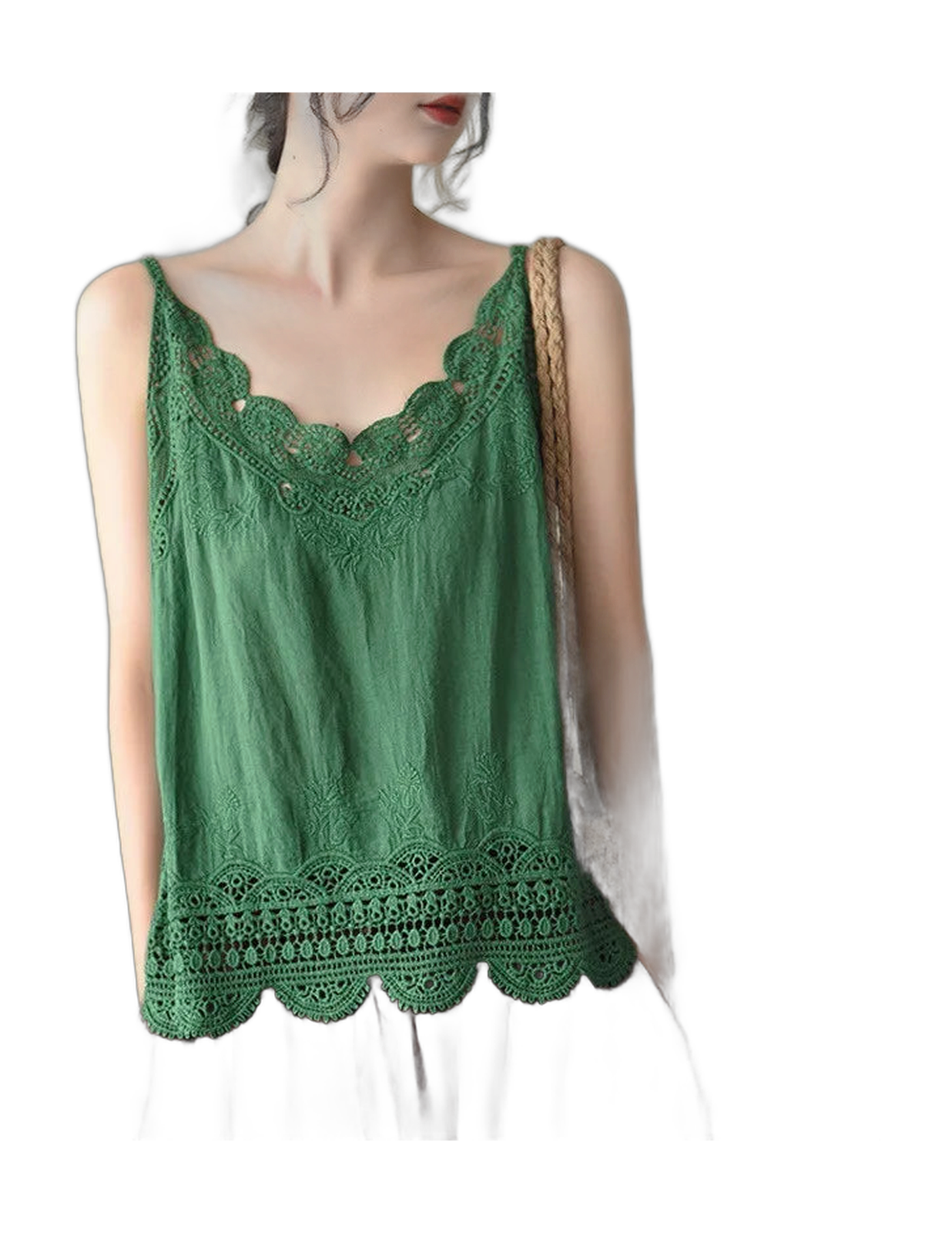 Women V Neck Camisole Loose Fit Hollowed Flower Embroidered Spaghetti Strap Cotton Linen Tops Casual Summer Streetwear