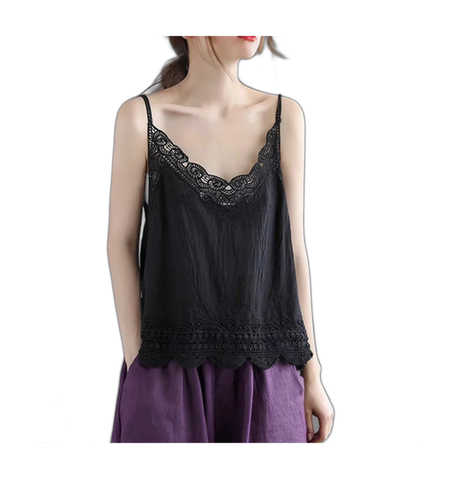 Women V Neck Camisole Loose Fit Hollowed Flower Embroidered Spaghetti Strap Cotton Linen Tops Casual Summer Streetwear