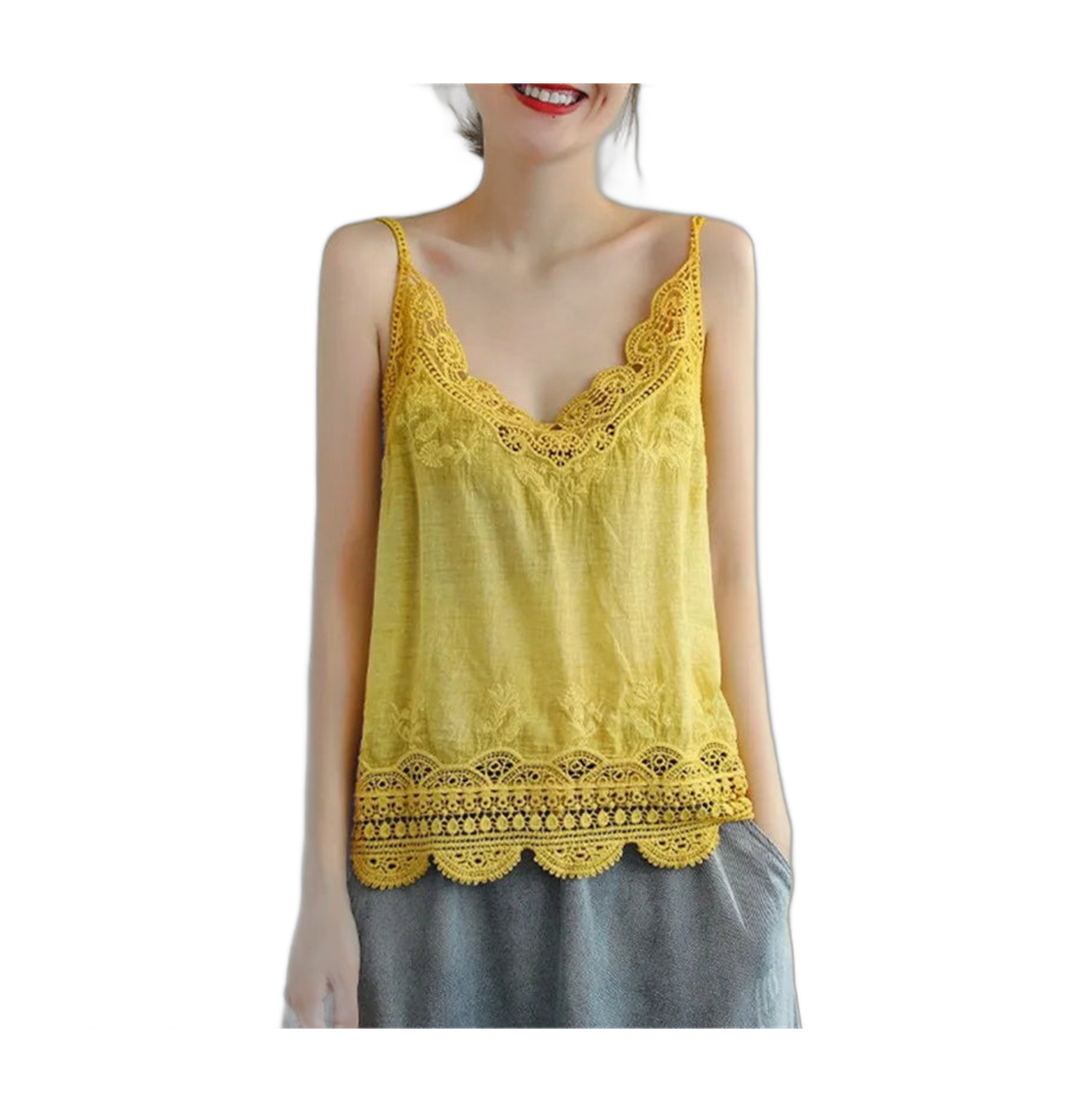 Women V Neck Camisole Loose Fit Hollowed Flower Embroidered Spaghetti Strap Cotton Linen Tops Casual Summer Streetwear