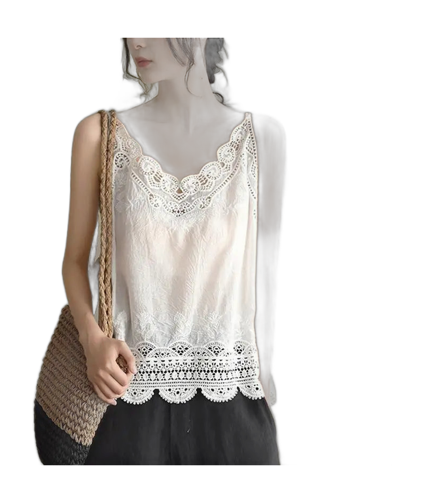 Women V Neck Camisole Loose Fit Hollowed Flower Embroidered Spaghetti Strap Cotton Linen Tops Casual Summer Streetwear