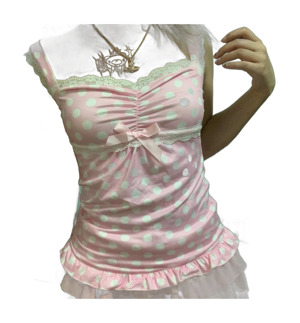 Women's Pink Polka Dot Crop Top with Lace Trim