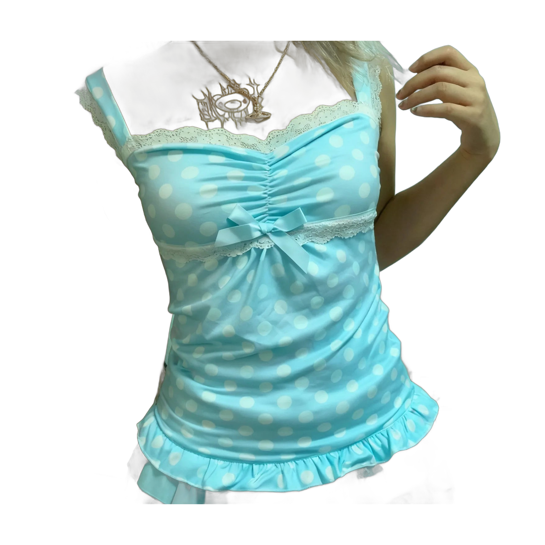 Women's Pink Polka Dot Crop Top with Lace Trim