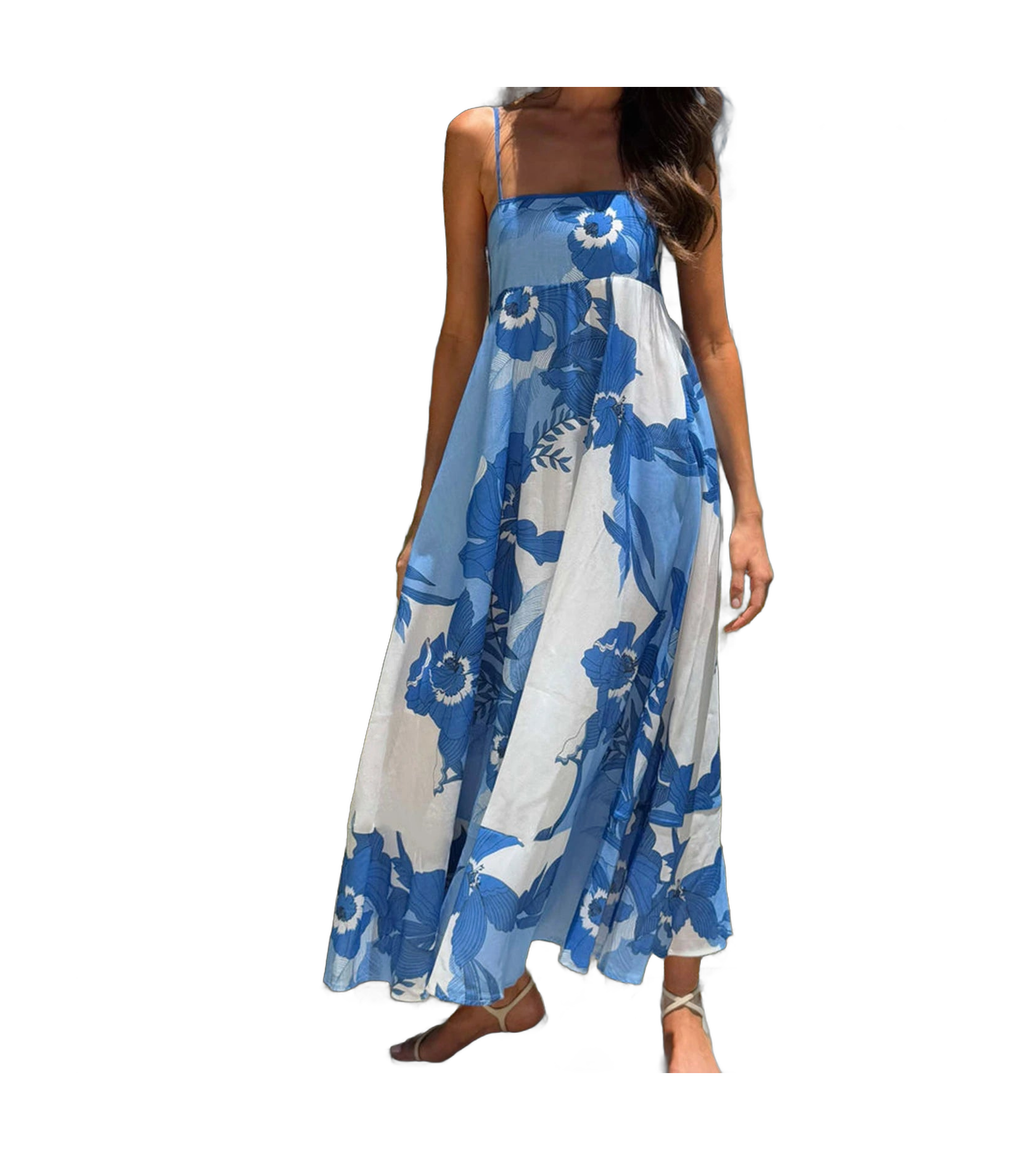 Blue Floral Strapless Maxi Dress for Vacation Getaways