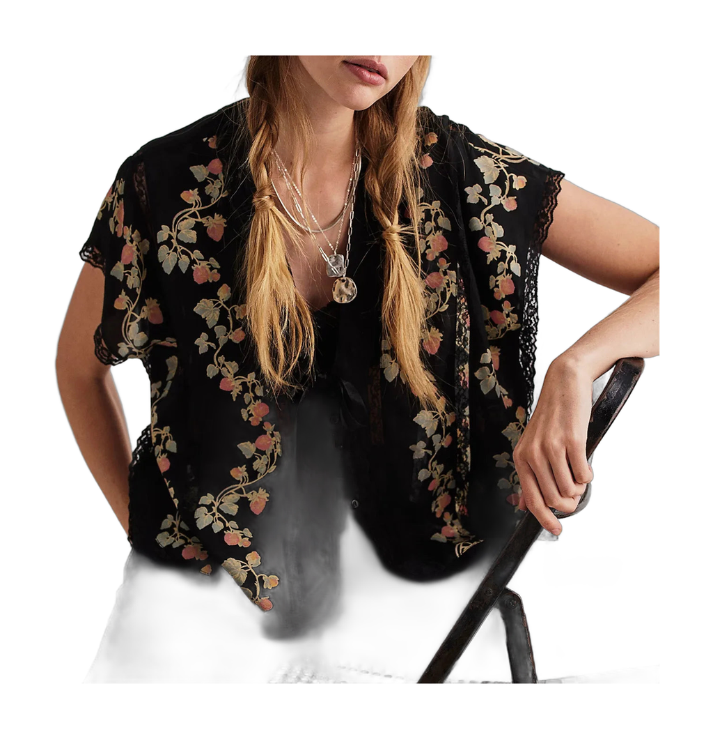 Women's Floral Lace Crop Top | Button-Front Vacation Blouse