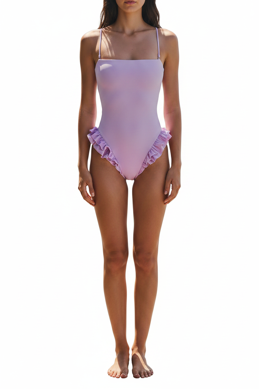 A woman wearing a light lavender one-piece swimsuit with thin shoulder straps and a ruffled hem, shown against a plain white background.