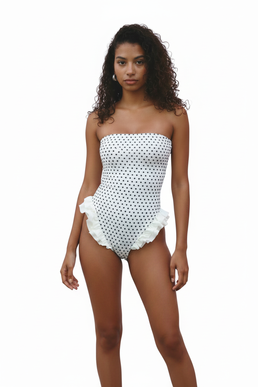 A woman modeling a strapless white bodysuit with black polka dots and a ruffled hem, paired with white leggings, against a plain white background.