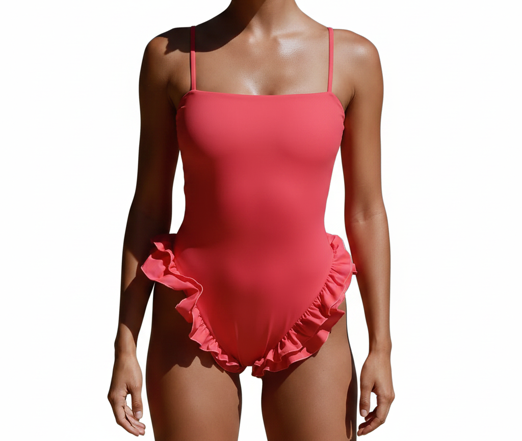 A woman wearing a bright coral pink one-piece swimsuit with thin shoulder straps and a ruffled hem, shown against a plain white background.