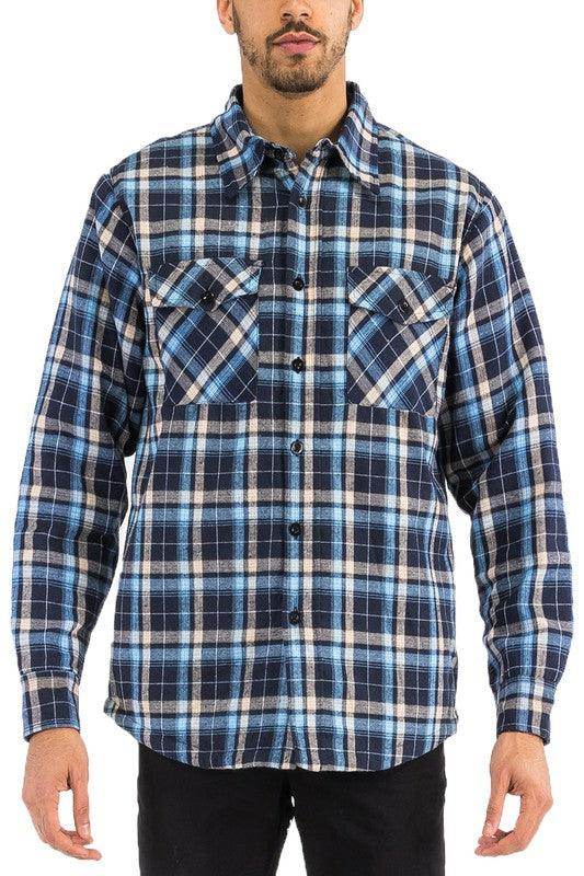 WEIV padded flannel for men in blue plaid design with button-down front and chest pockets