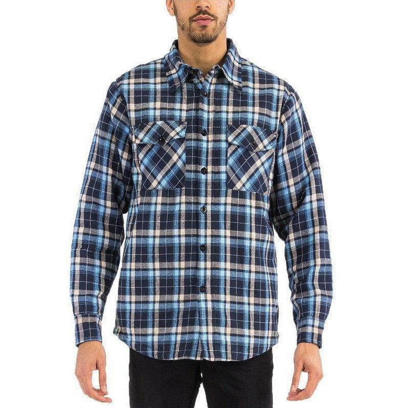 WEIV padded flannel for men in blue plaid design with button-down front and chest pockets