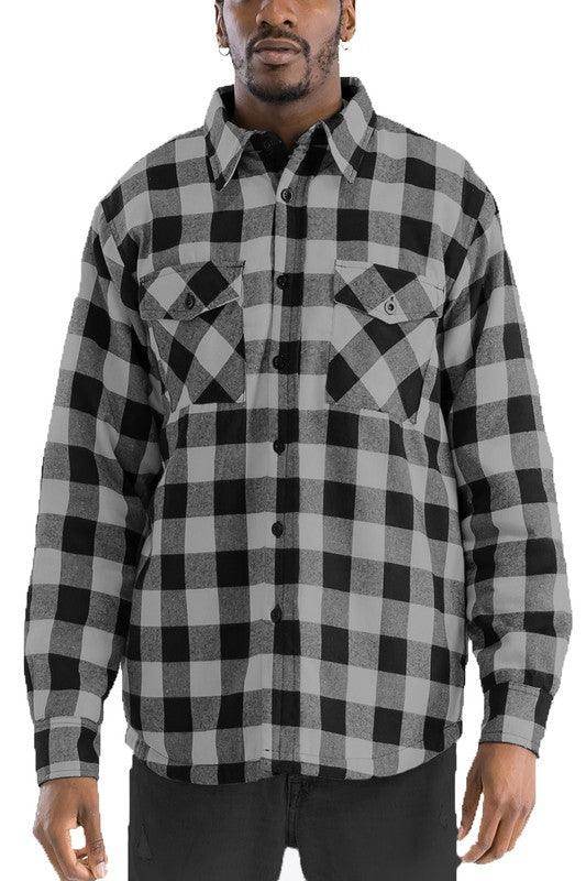 WEIV padded flannel jacket for men in black and gray checkered pattern with button-down front and pockets