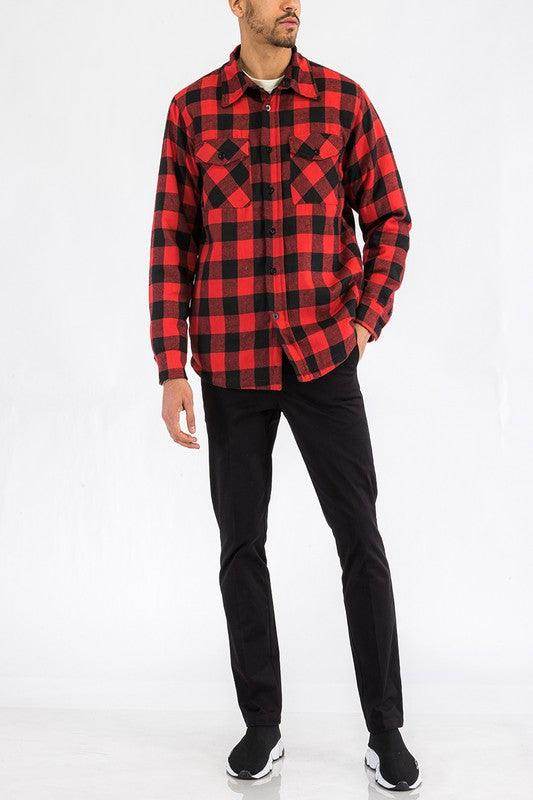 WEIV padded flannel jacket for men in red and black check pattern, perfect for casual wear