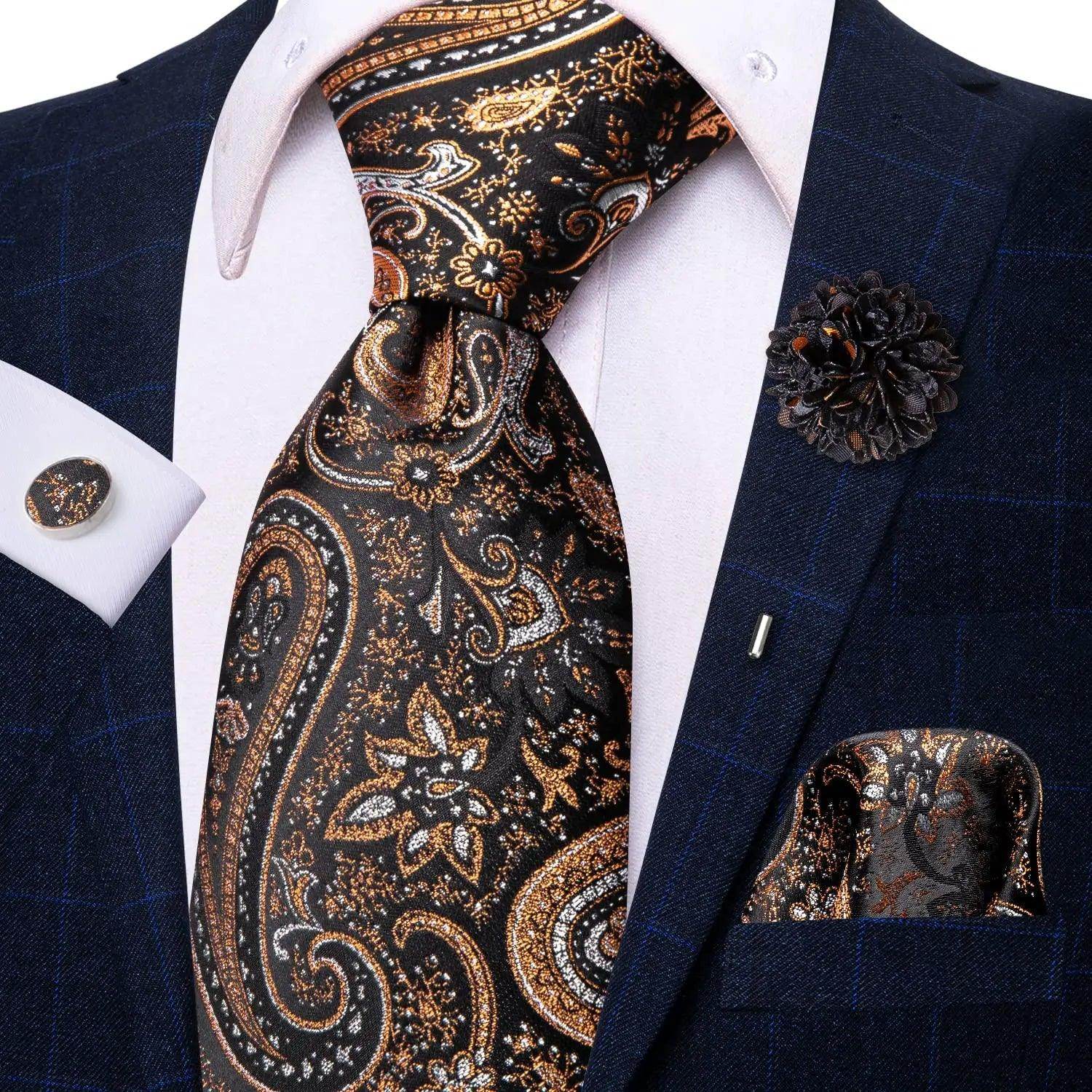 Paisley Neckties With Brooch Silk Elegent Wedding Tie For - VacationGrabs