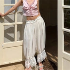 Women's white pajama bottoms plaid with lace trim for comfortable lounging