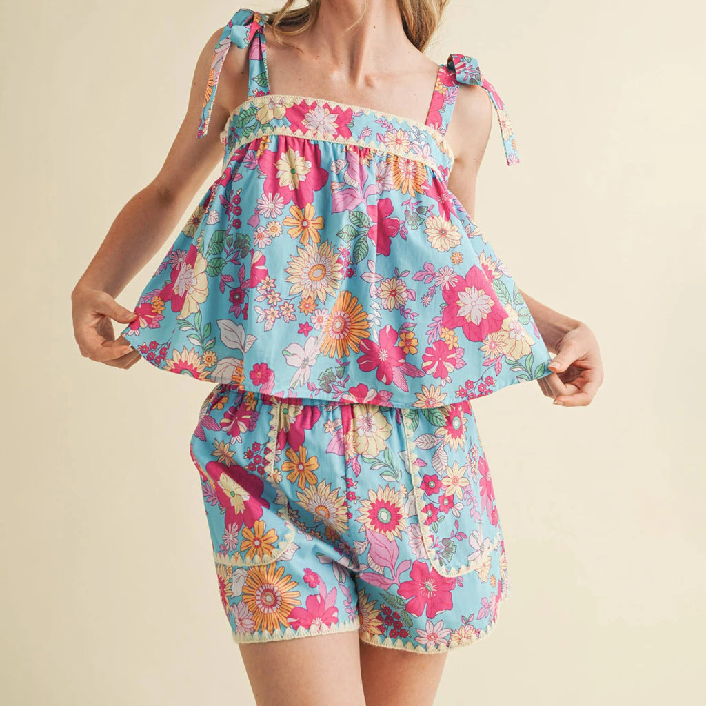Women's floral pajama set in blue, lightweight for lounging
