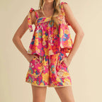 Women's floral pajama set, cozy fabric for lounging at home.