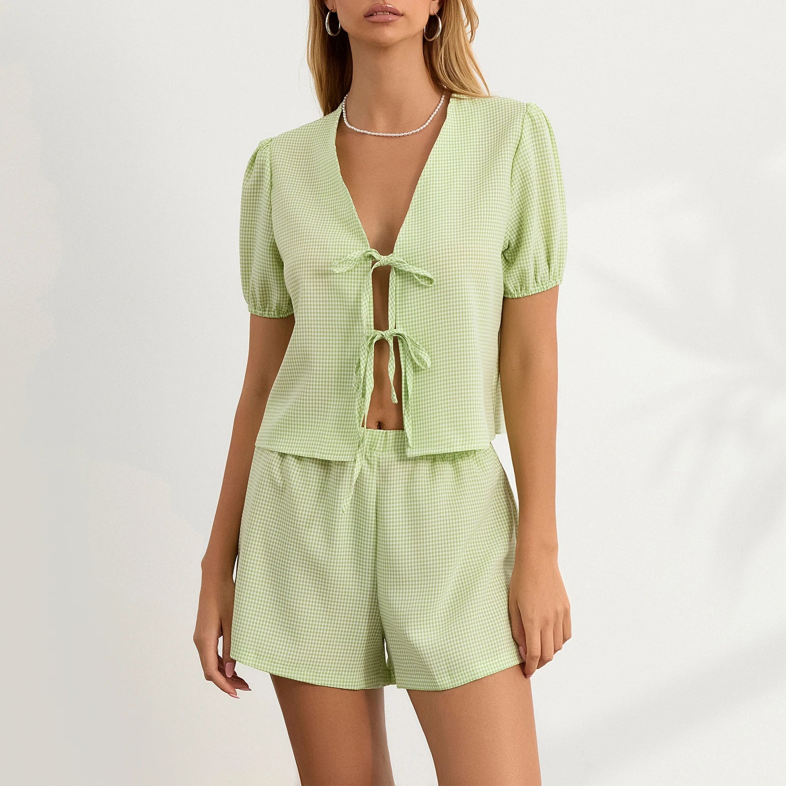 Women's green pajama sets in lightweight fabric, perfect for lounging