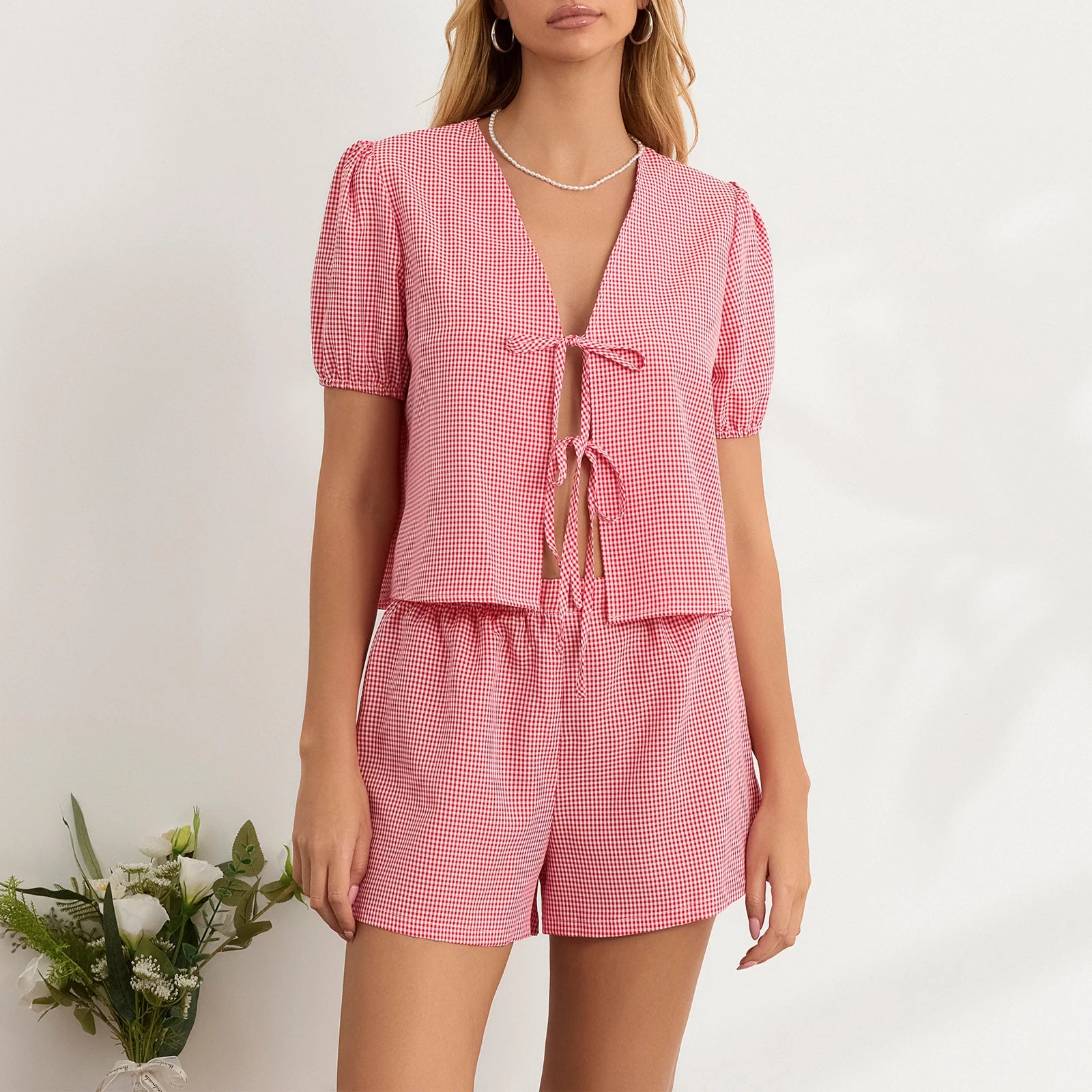 Women's red checkered pajama sets, soft cotton for lounging