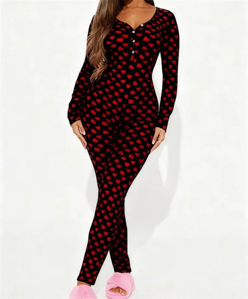 Red heart print pajamas for women sets, soft and cozy for lounging
